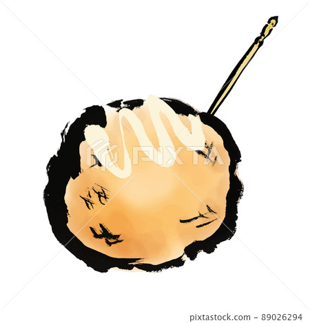 Hand-painted Japanese-style illustration of one takoyaki stabbed in a toothpick Salt mayonnaise Hand-painted Japanese-style illustration of one takoyaki stabbed in a toothpick Salt mayonnaise 89026294