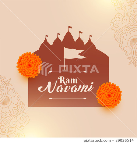 hindu ram navami festival wishes greeting with temple and flag 89026514