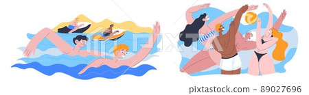 Summer recreation and fun, swimming and volleyball 89027696