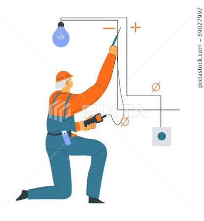 Electrician man fixing broken light bulb vector 89027997