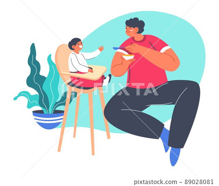 Dad feeding small boy sitting in chair, parenthood 89028081