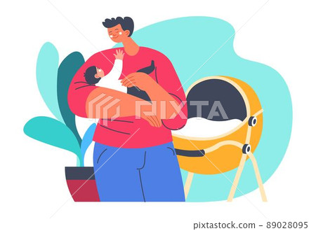 Dad caring for newborn kid by perambulator vector 89028095