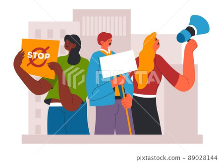 Protesters on demonstration, meeting with placards - Stock Illustration ...