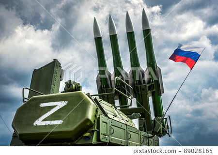 Russian missile system Buk-M2 with Z sign and flag 89028165