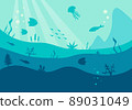 Underwater world silhouette, vector. Deep blue sea with fishes and seaweed, simple flat illustration 89031049