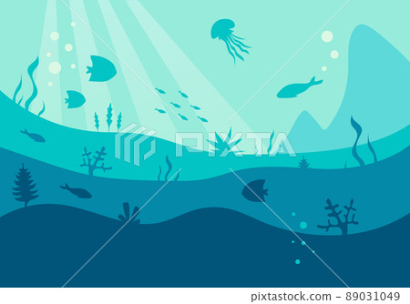 Underwater world silhouette, vector. Deep blue sea with fishes and seaweed, simple flat illustration Underwater world silhouette, vector. Deep blue sea with fishes and seaweed, simple flat illustration 89031049