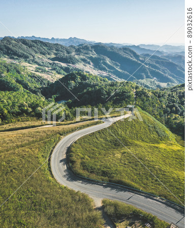 Aerial view of Thung Bua Tong Fields in Mae Hong Son, Thailand 89032616