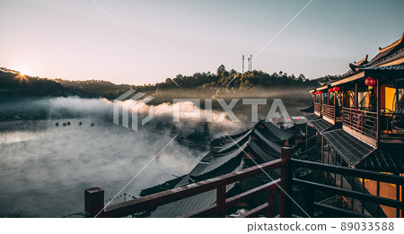 Sunrise with fog over Ban Rak thai, chinese village near a lake in Mae Hong Son, Thailand 89033588