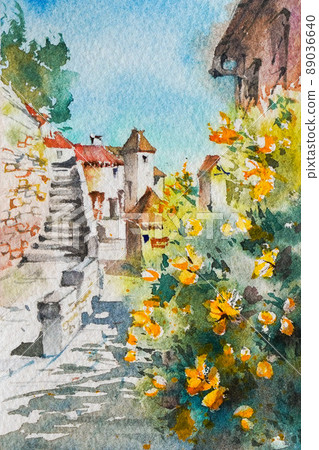 法國南部水彩風景畫中的小城市景觀 89036640