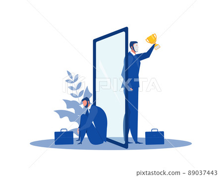 Imposter syndrome,Businessman behind a mirror with fear shadow behind,Mental Health Problems, Anxiety and lack of self confidence at work Vector Illustration 89037443