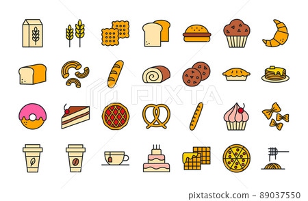 Bread, bakery products, pastry and confectionery icon set. Isolated line color icons 89037550