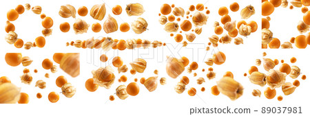 A set of photos. Physalis berries levitate on a white background A set of photos. Physalis berries levitate on a white background 89037981
