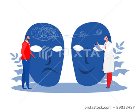 Doctor test expressions Imposter syndrome; masks with happy or sad .Bipolar disorder; fake faces and emotions health concept vector illustrator 89038457