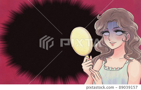 復古女孩卡通風格・照鏡子震驚的女人的橫幅 89039157