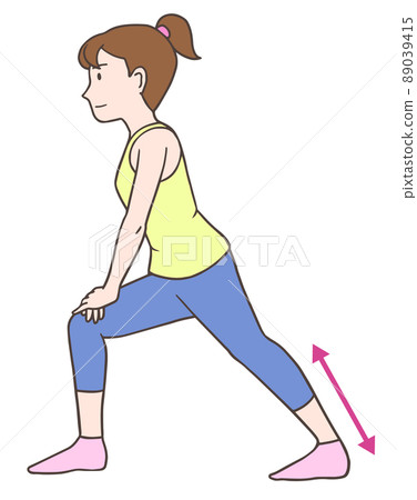 A woman stretching the Achilles tendon in a preparatory exercise A woman stretching the Achilles tendon in a preparatory exercise 89039415