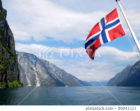 Norway Naeroyfjord Norwegian flag 89041121