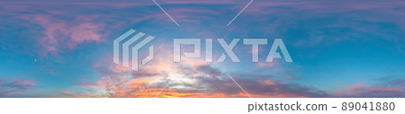 Sky panorama on sunset with Stratocumulus clouds in Seamless spherical equirectangular format as full zenith for use in 3D graphics, game and in aerial drone 360 degree panoramas for sky replacement 89041880