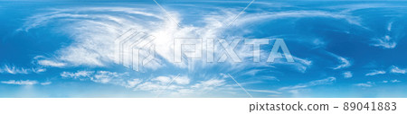 Blue sky with Cirrus clouds Seamless panorama in spherical equirectangular format. Complete zenith for use in 3D graphics, game and for composites in aerial drone 360 degree panoramas as a sky dome Blue sky with Cirrus clouds Seamless panorama in spherical equirectangular format. Complete zenith for use in 3D graphics, game and for composites in aerial drone 360 degree panoramas as a sky dome 89041883