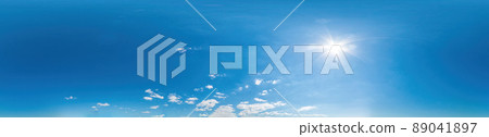 Blue sky with light clouds Seamless panorama in spherical equirectangular format with complete zenith for use in 3D graphics, game and for composites in aerial drone 360 degree panoramas as a sky dome 89041897