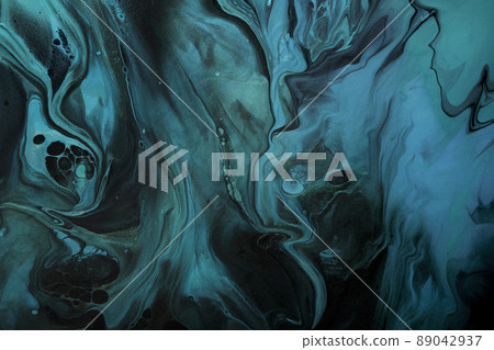 Fluid Art. Turquoise abstract waves with golden particles on black background. Marble effect background or texture 89042937