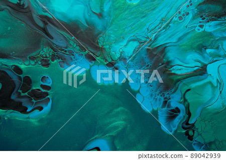 Fluid Art. Metallic Green and blue abstract wave swirls on black background. Marble effect background or texture Fluid Art. Metallic Green and blue abstract wave swirls on black background. Marble effect background or texture 89042939