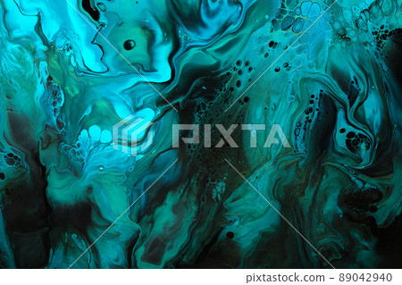 Fluid Art. Green and blue abstract wave swirls on black background. Marble effect background or texture 89042940