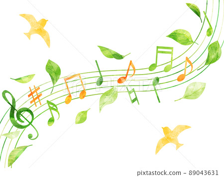 A version with birds, a natural illustration of birds, leaves and musical notes processed in a watercolor style A version with birds, a natural illustration of birds, leaves and musical notes processed in a watercolor style 89043631