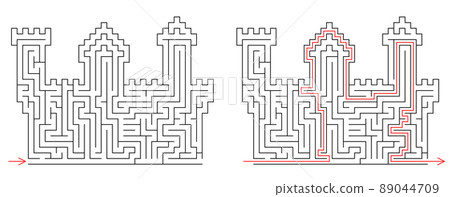 Brick castle labyrinth. Maze inside fortress with towers. Medium difficulty vector puzzle with entry 89044709