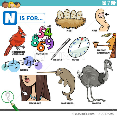 letter n words educational set with cartoon characters 89048960