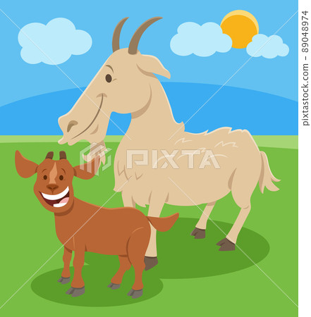 happy cartoon goat farm animal character with little kid happy cartoon goat farm animal character with little kid 89048974