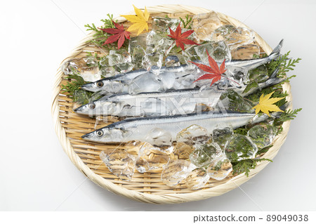 Autumn taste saury lined up with autumn leaves and ice on a colander 89049038