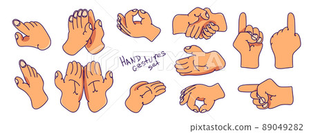 Cartoon hand-drawn different hand gestures set. Flat icons. Vector illustration Eps 10 Cartoon hand-drawn different hand gestures set. Flat icons. Vector illustration Eps 10 89049282