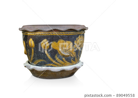 old brown and orange ceramic pot on ceramic saucer, on white background, object, vintage, retro, ancient, copy space 89049558