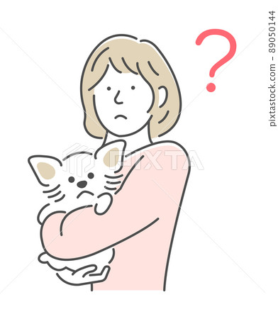Young woman holding a pet / dog (upper body) Vector illustration / Question / Question Young woman holding a pet / dog (upper body) Vector illustration / Question / Question 89050144