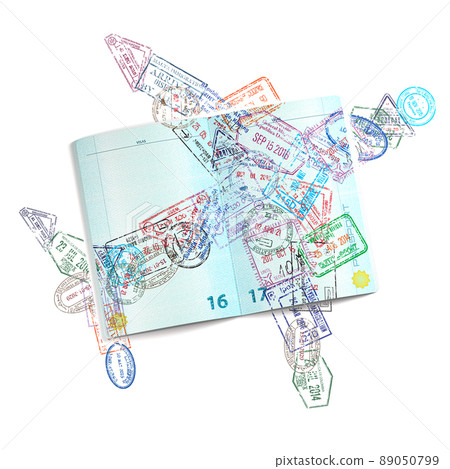 Passport stamps of different visa country in form of a airplane. Travel, tourism and immigration concept background. 89050799