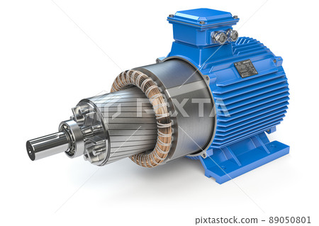 Open industrial electric motor isolated on white, Rotor and stator on a shaft. 89050801