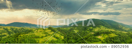 Aerial view of the endless lush pastures of the Carpathian expanses and agricultural land. Cultivated agricultural field. Rural mountain landscape at sunset. Ukraine. 89052936