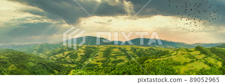 Aerial view of the endless lush pastures of the Carpathian expanses and agricultural land. Cultivated agricultural field. Rural mountain landscape at sunset. Ukraine. Aerial view of the endless lush pastures of the Carpathian expanses and agricultural land. Cultivated agricultural field. Rural mountain landscape at sunset. Ukraine. 89052965