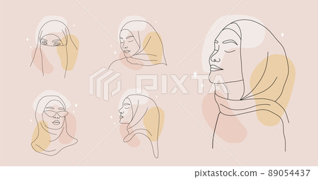 Set of minimalist female portraits on colored spots. Linear islamic women in hijab with closed eyes. Vector illustration in one line drawing style. Perfect for beauty logo 89054437