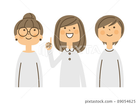 3 women smile upwards white shirt 89054625