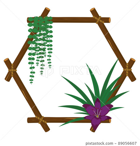 Hexagonal wood branch frame with string of nickels and lily purple flower vector illustration Hexagonal wood branch frame with string of nickels and lily purple flower vector illustration 89056607
