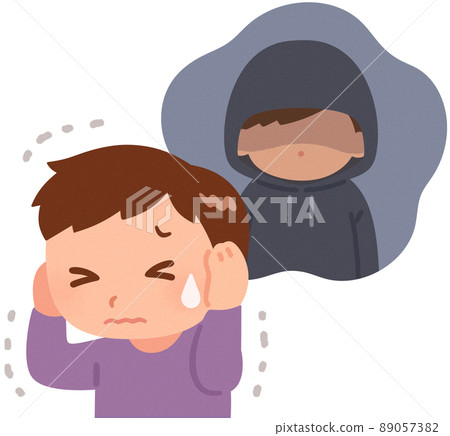 A woman frightened by a person wearing a hood A woman frightened by a person wearing a hood 89057382