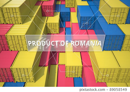 Cargo containers with products of Romania. Logistics related 3D rendering Cargo containers with products of Romania. Logistics related 3D rendering 89058549