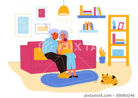 Senior people gadgets in room. Happy elderly couple on sofa in living room, pensioners mastering new device, grandparents hold smartphone, online communication vector cartoon flat concept 89060246