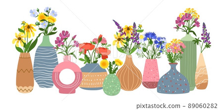Ceramic vases with flowers. Interior floral pottery with gardens bouquets, different contemporary shapes, handmade porcelain bottles with plants, modern cozy decor, vector horizontal concept 89060282