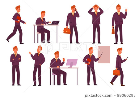 Cartoon businessman poses. Young office male character in strict clothes, different actions and emotions, working environment, man standing walking and sitting, hold phone and book vector set Cartoon businessman poses. Young office male character in strict clothes, different actions and emotions, working environment, man standing walking and sitting, hold phone and book vector set 89060293