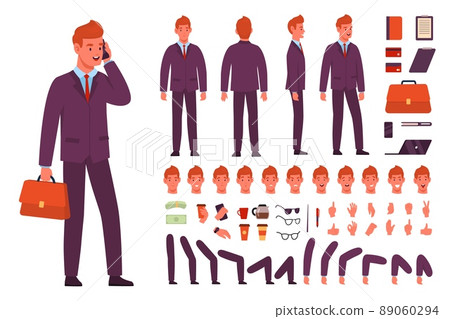 Cartoon businessman character kit. Office employee different poses, various emotions, separate body parts in different positions, man in strict suit, accessories vector set Cartoon businessman character kit. Office employee different poses, various emotions, separate body parts in different positions, man in strict suit, accessories vector set 89060294