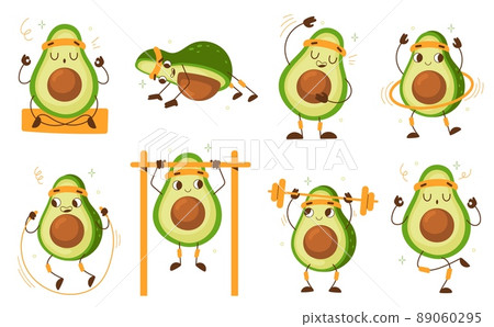 Cartoon avocado athlete. Funny vegetable character, sport mascot, cute green fruit gym activities, push and pull ups, yoga and fitness, healthy lifestyle. Kawaii emoticon workout vector set Cartoon avocado athlete. Funny vegetable character, sport mascot, cute green fruit gym activities, push and pull ups, yoga and fitness, healthy lifestyle. Kawaii emoticon workout vector set 89060295