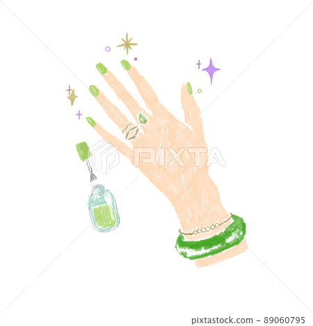Self-nail with green nail polish. Fashionable illustrations at hand Self-nail with green nail polish. Fashionable illustrations at hand 89060795