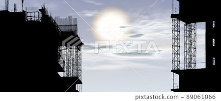 Silhouette of construction, construction equipment and elements of the building under construction on the sky background 89061066
